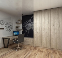 Кімната хлопчика. ДСП Swisspan , Дуб Шервуд, фурнітура Linken Відкриття Дверей push-to-open( по натиску). Опора столу металу чорна. Крейдяні шпалери