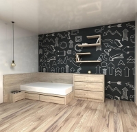 Ліжко та комод в кімнату хлопчика. ДСП Swisspan, Дуб Шервуд, фурнітура Linken, ліжко з підйомним механізмом.